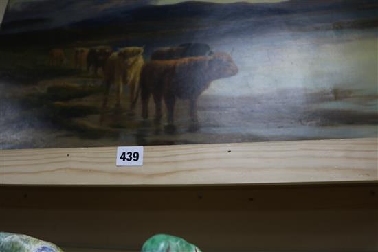 Douglas Cameron (fl.1880-1910) Highland cattle beside a loch 24 x 40in., unframed